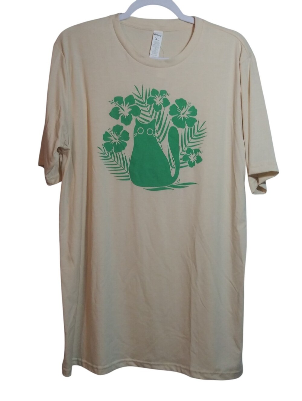Cat Lady Boxy T-Shirt with Green Hibiscus Floral Cat Graphic Size XL